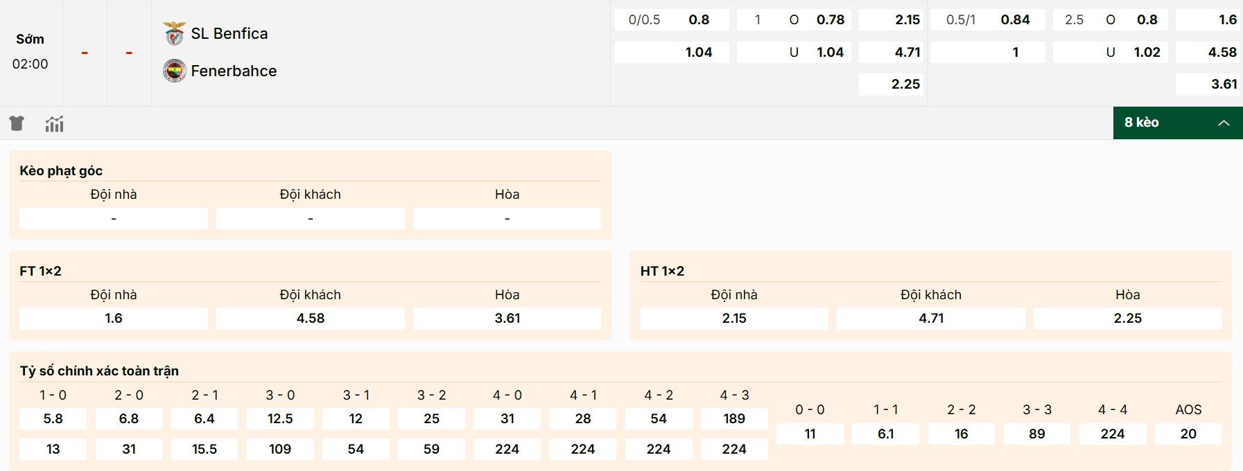 Thông tin kèo trận đấu Benfica vs Fenerbahce